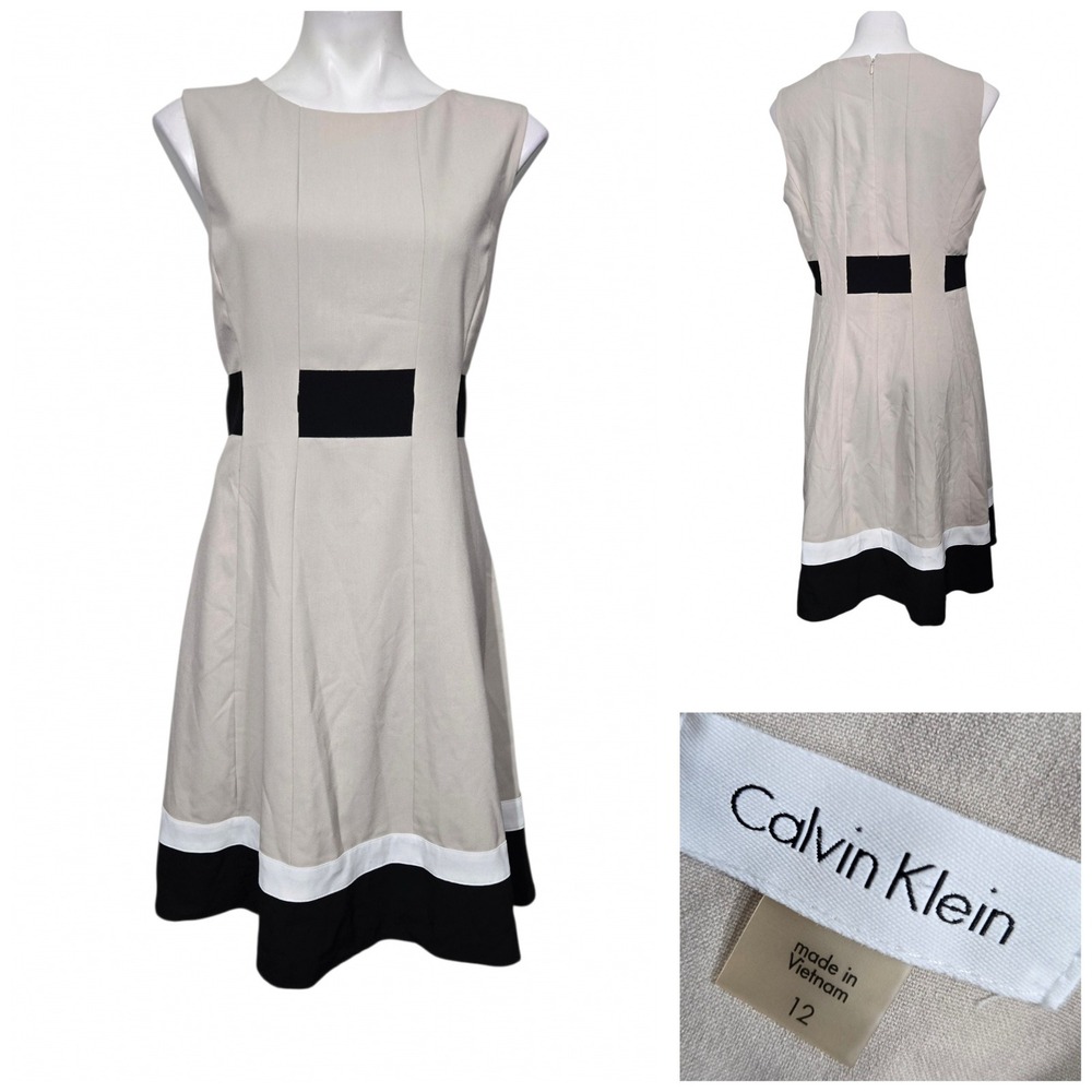 Calvin Klein dress sz 12 Tan/black Colorblock Fit n Flare career fall church